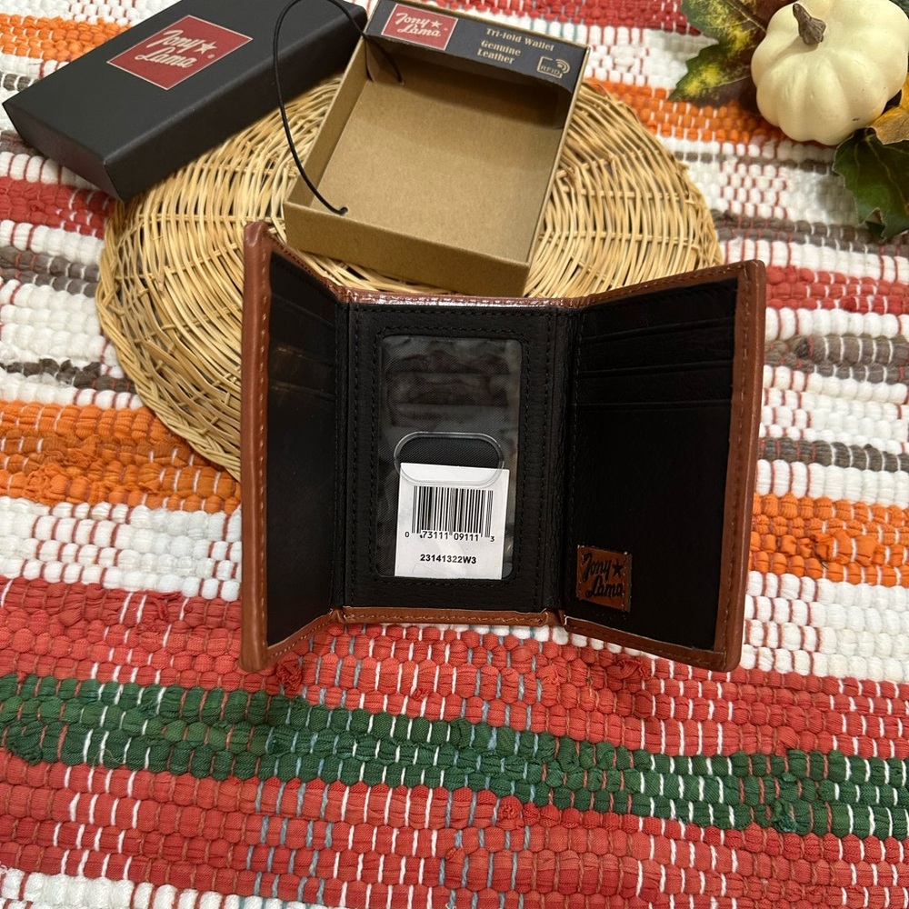 New Tony Lama Tri-Fold Wallet RFID Blue Aztec Canvas Leather Cowboy Western NWT - Picture 2 of 15